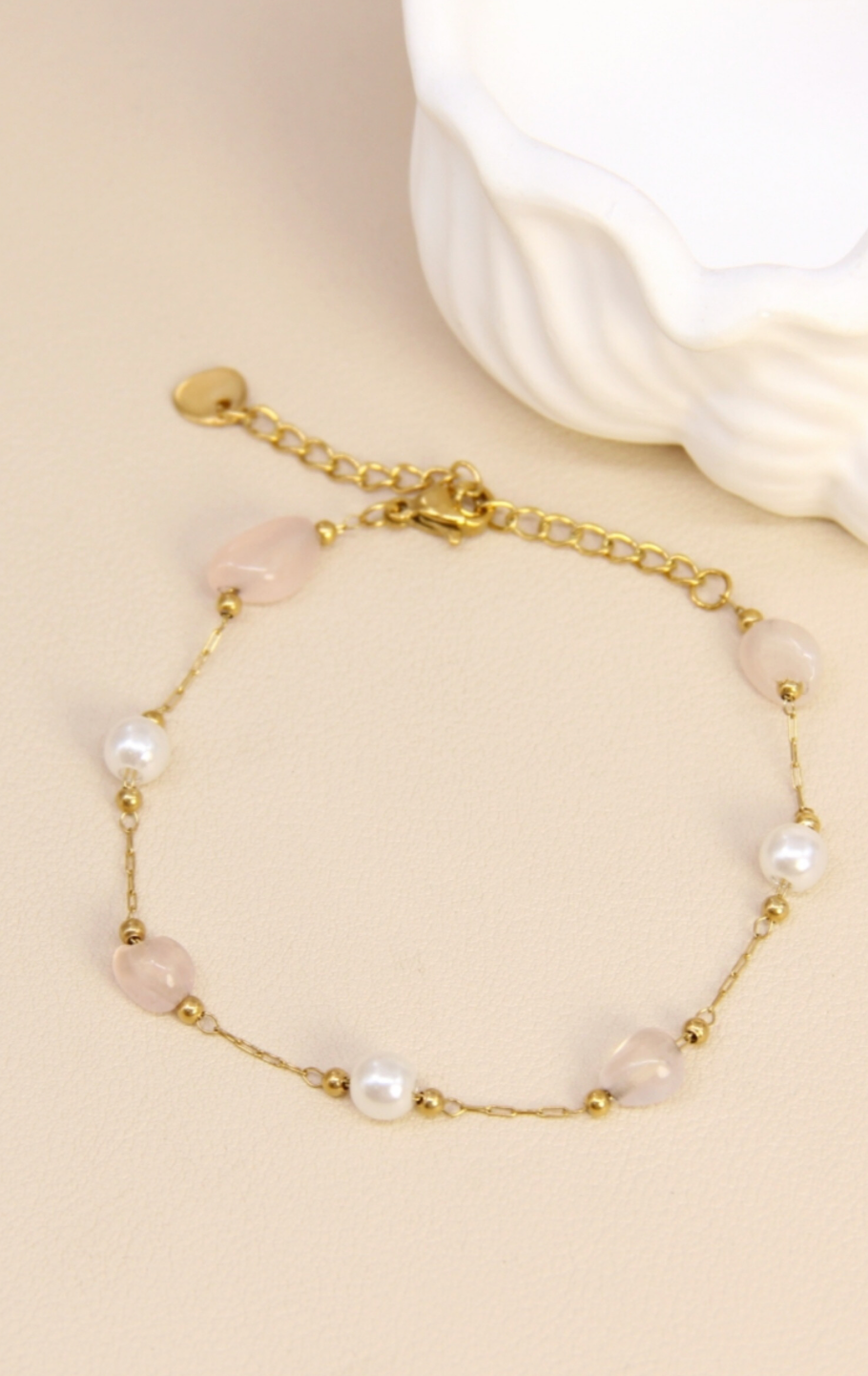 Bracelet pierre quartz rose & perles