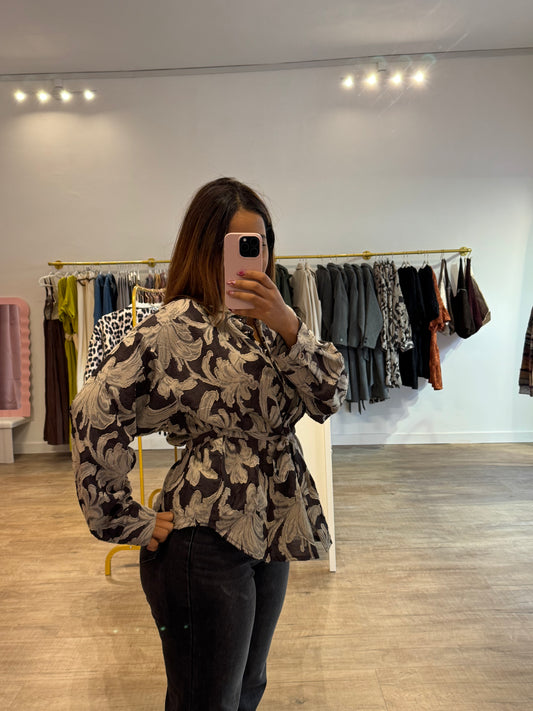 Chemisier à Motifs Marron et Beige