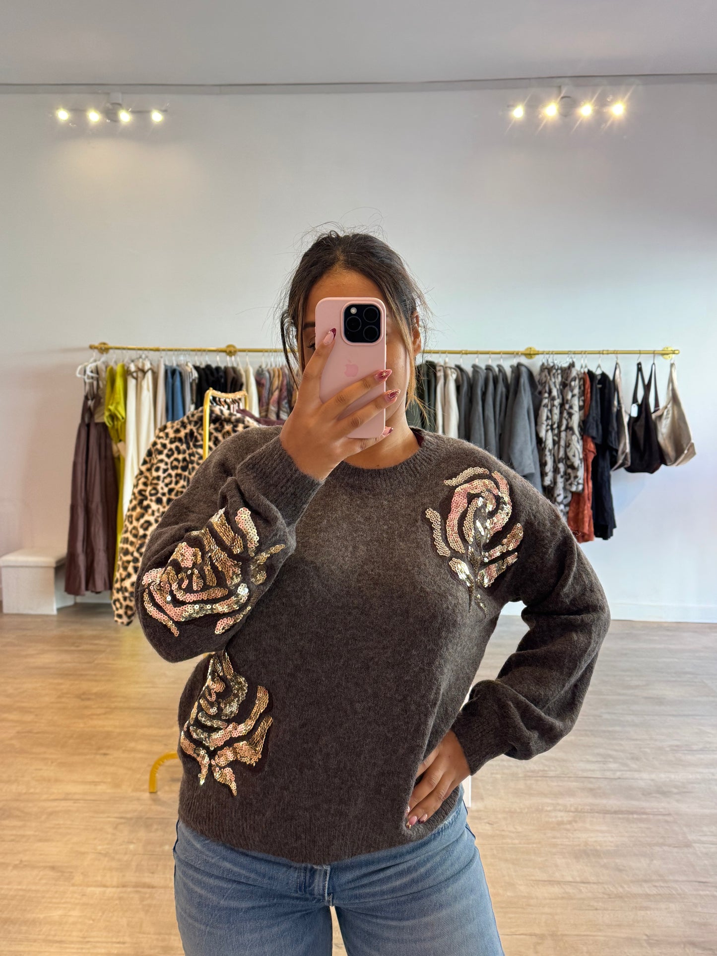 Pull Marron à Détails Pailletés Dorés