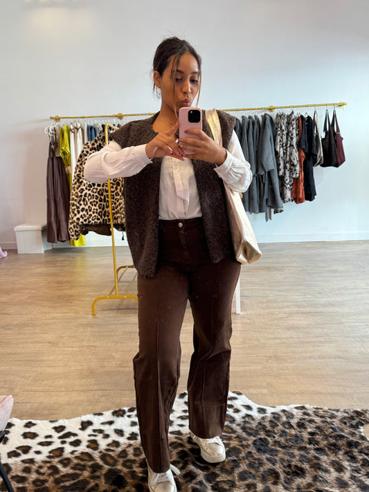 Pantalon Marron à Ligne Effet Couture