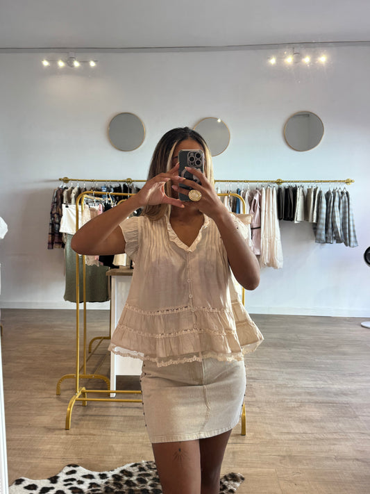 Blouse Beige Satinée à Détails Dentelle Floral