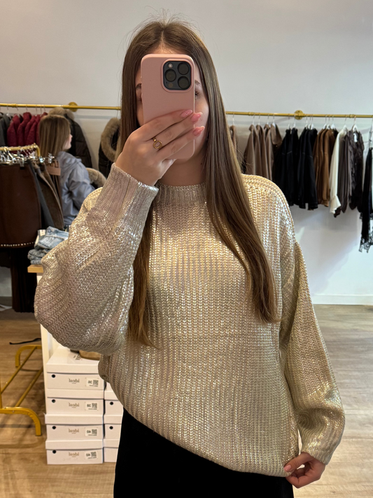 Pull beige à détails argentés & dorés