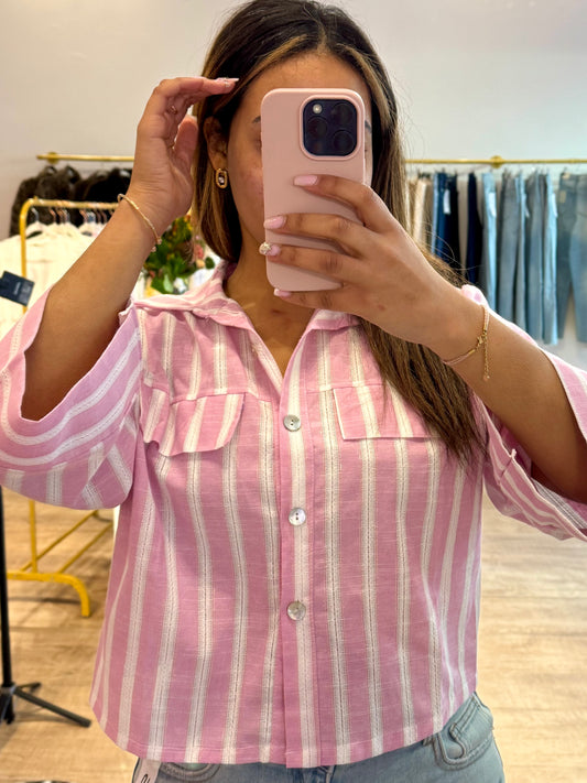 Chemisier Rose à Rayures Blanches, Boutons Nacrés & Effet Poche