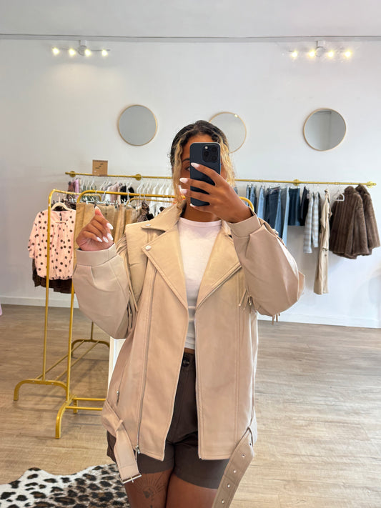 Veste similicuir beige à franges