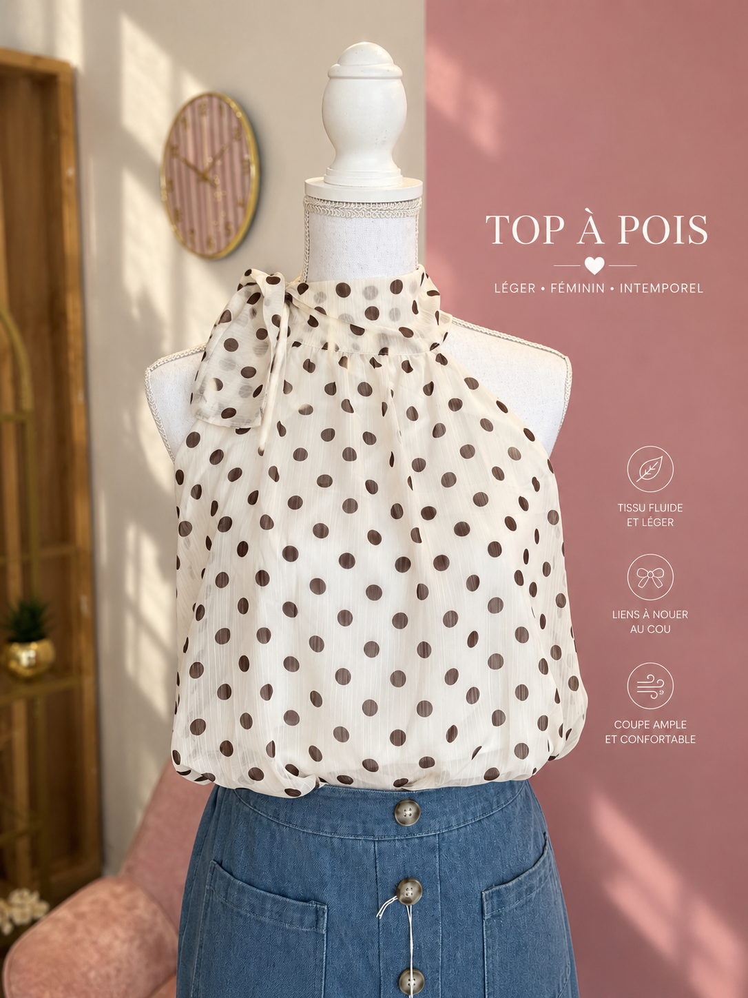 Haut crème à pois marrons