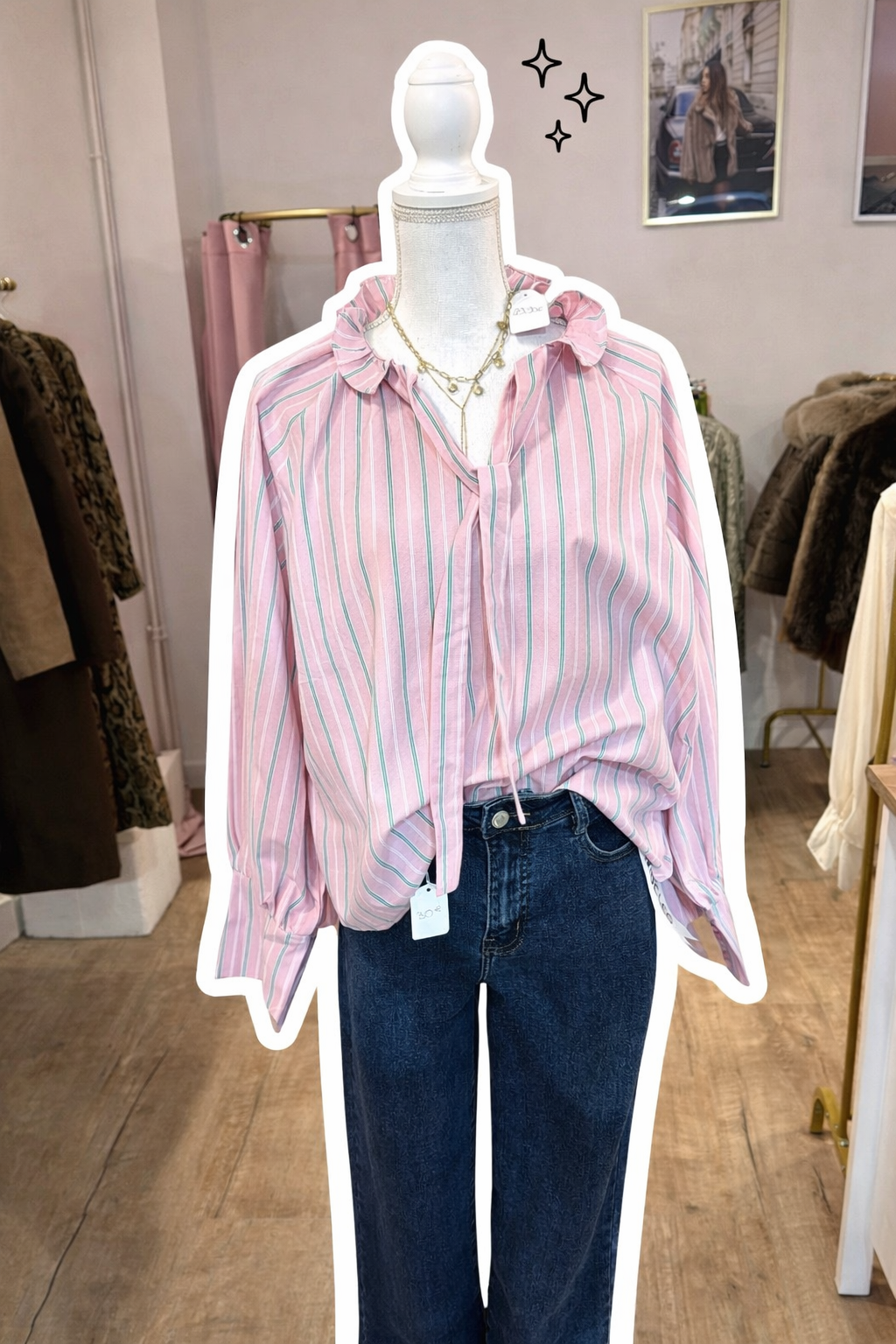 Blouse rose à rayures vertes