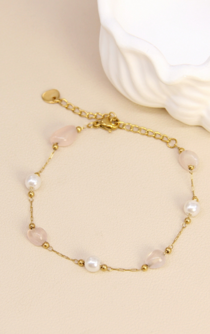 Bracelet pierre quartz rose & perles
