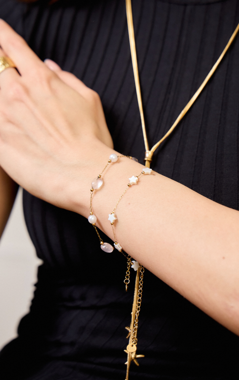 Bracelet pierre quartz rose & perles