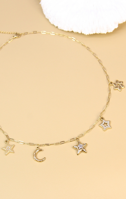 Collier étoiles & lune en acier inoxydable