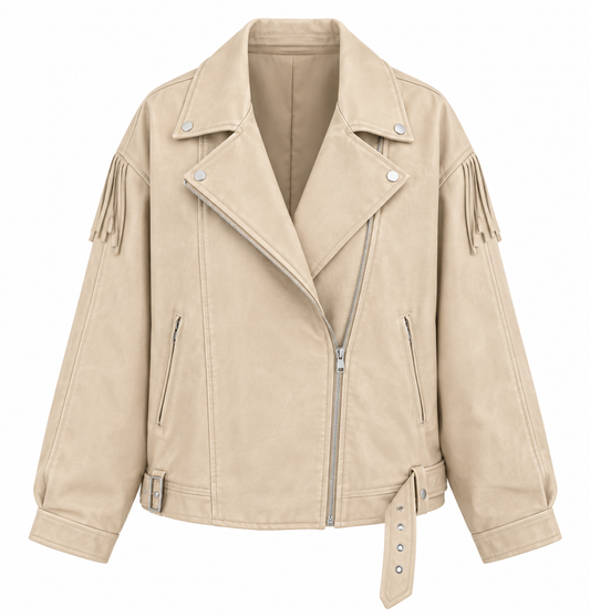 Veste similicuir beige à franges
