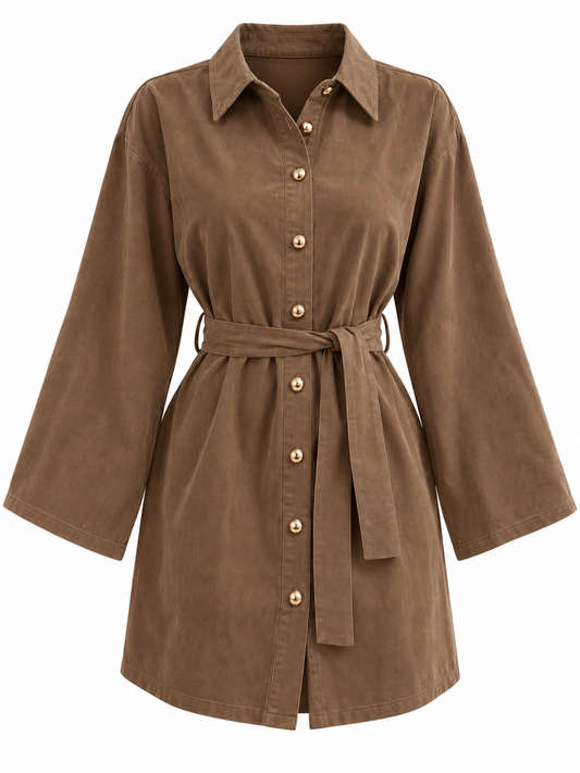 Robe effet cuir beige ceinturée à boutons dorés