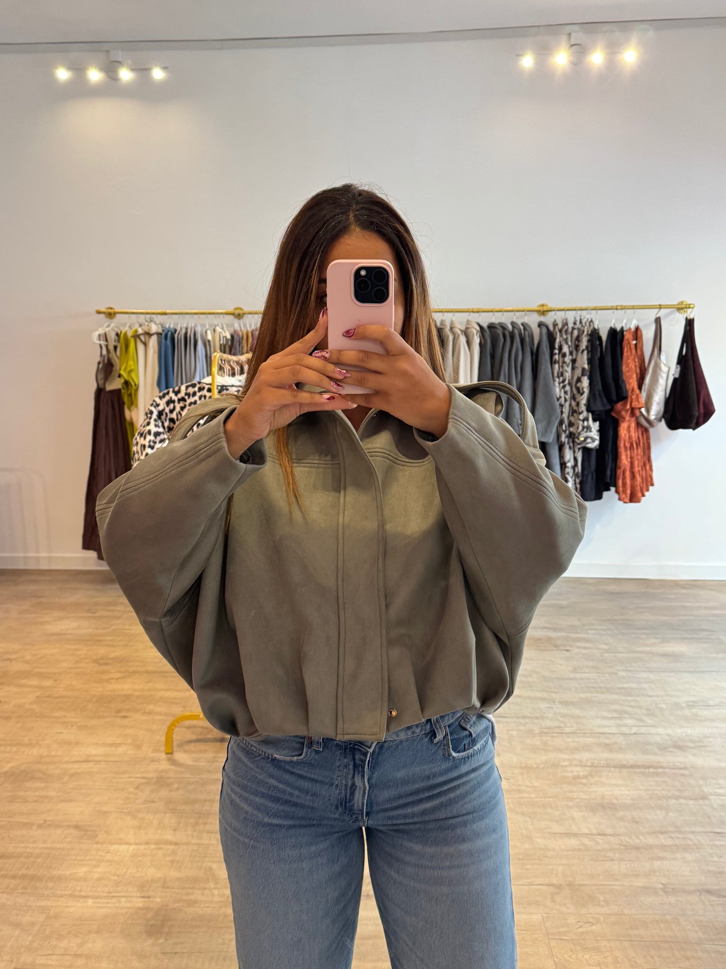 Veste effet bomber en daim vert d’eau