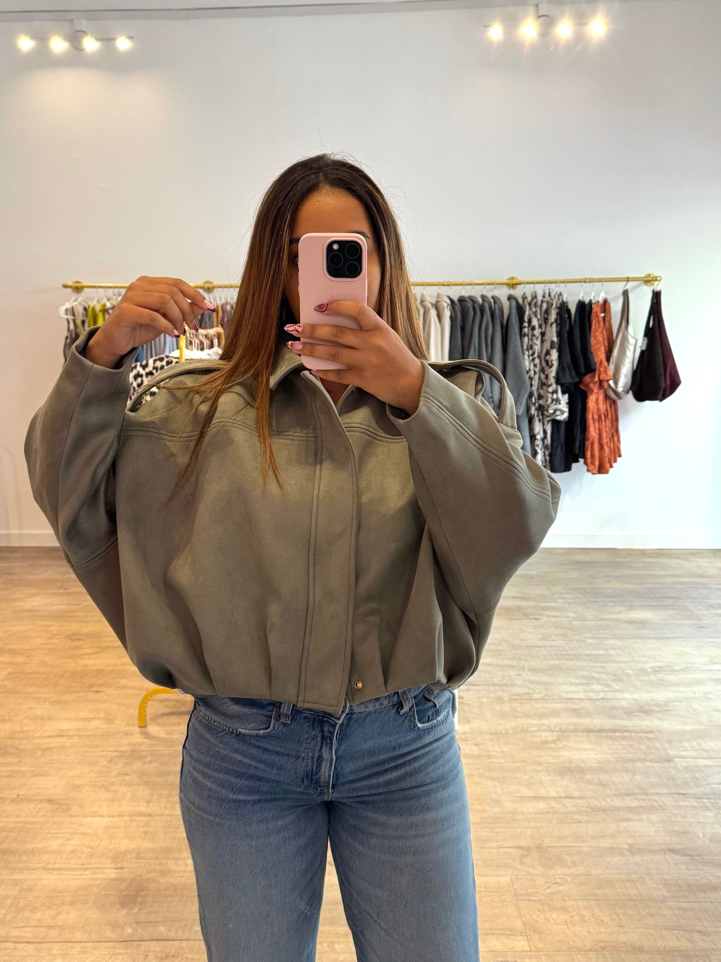 Veste effet bomber en daim vert d’eau