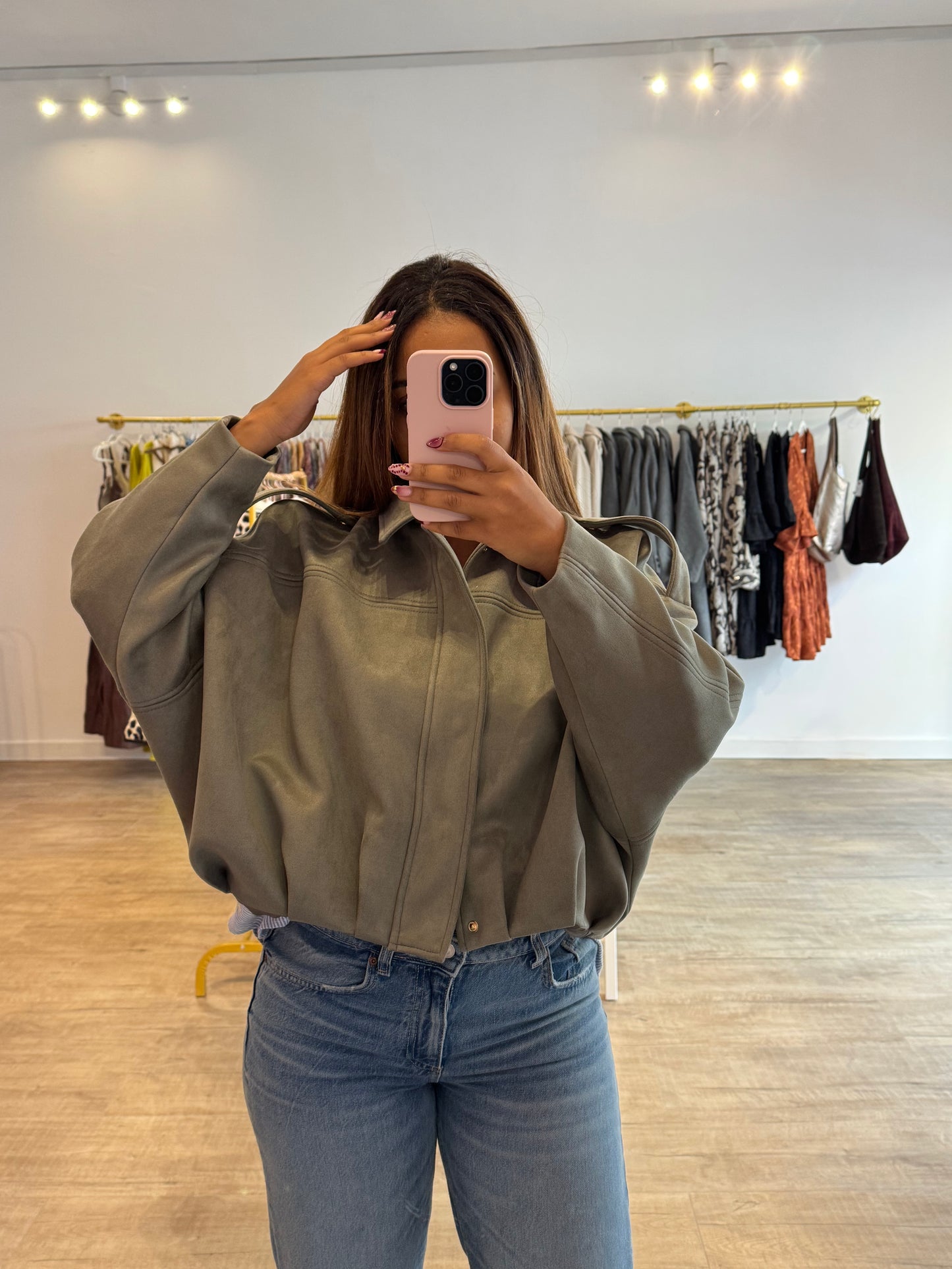 Veste effet bomber en daim vert d’eau