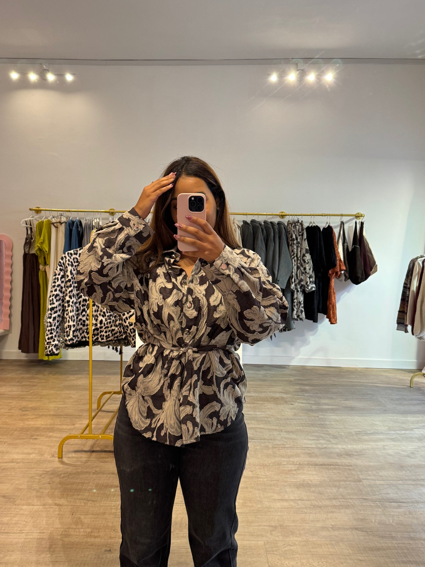 Chemisier à Motifs Marron et Beige