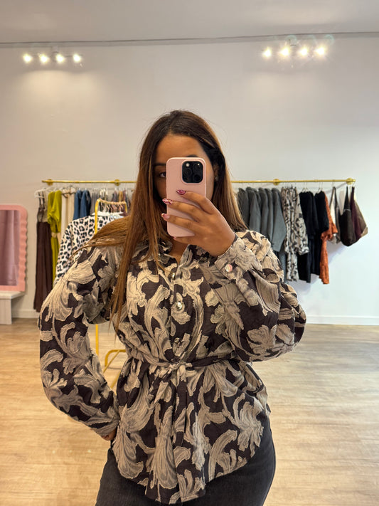 Chemisier à Motifs Marron et Beige