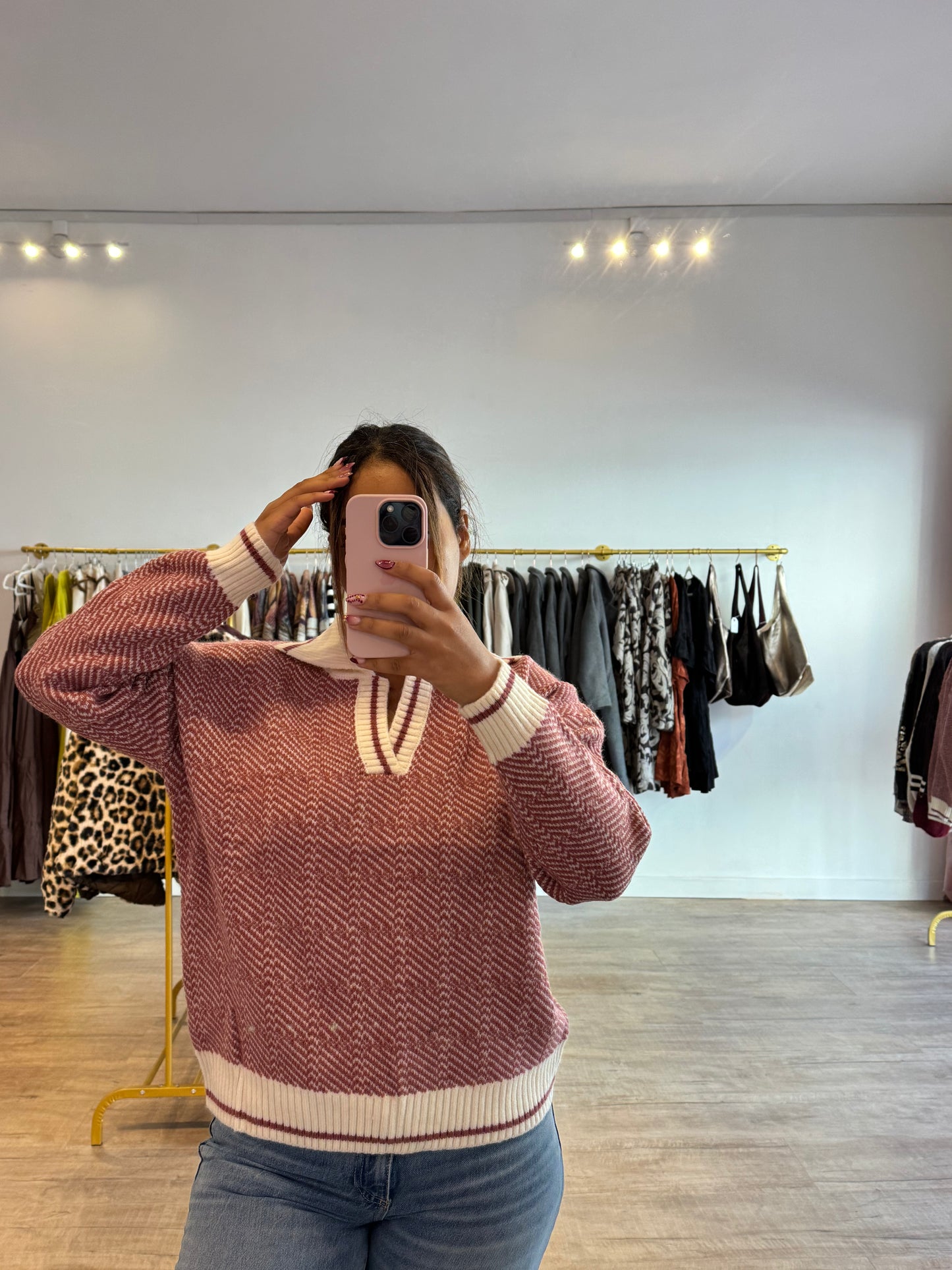 Pull Col Polo Texturé – Bordeaux et Beige