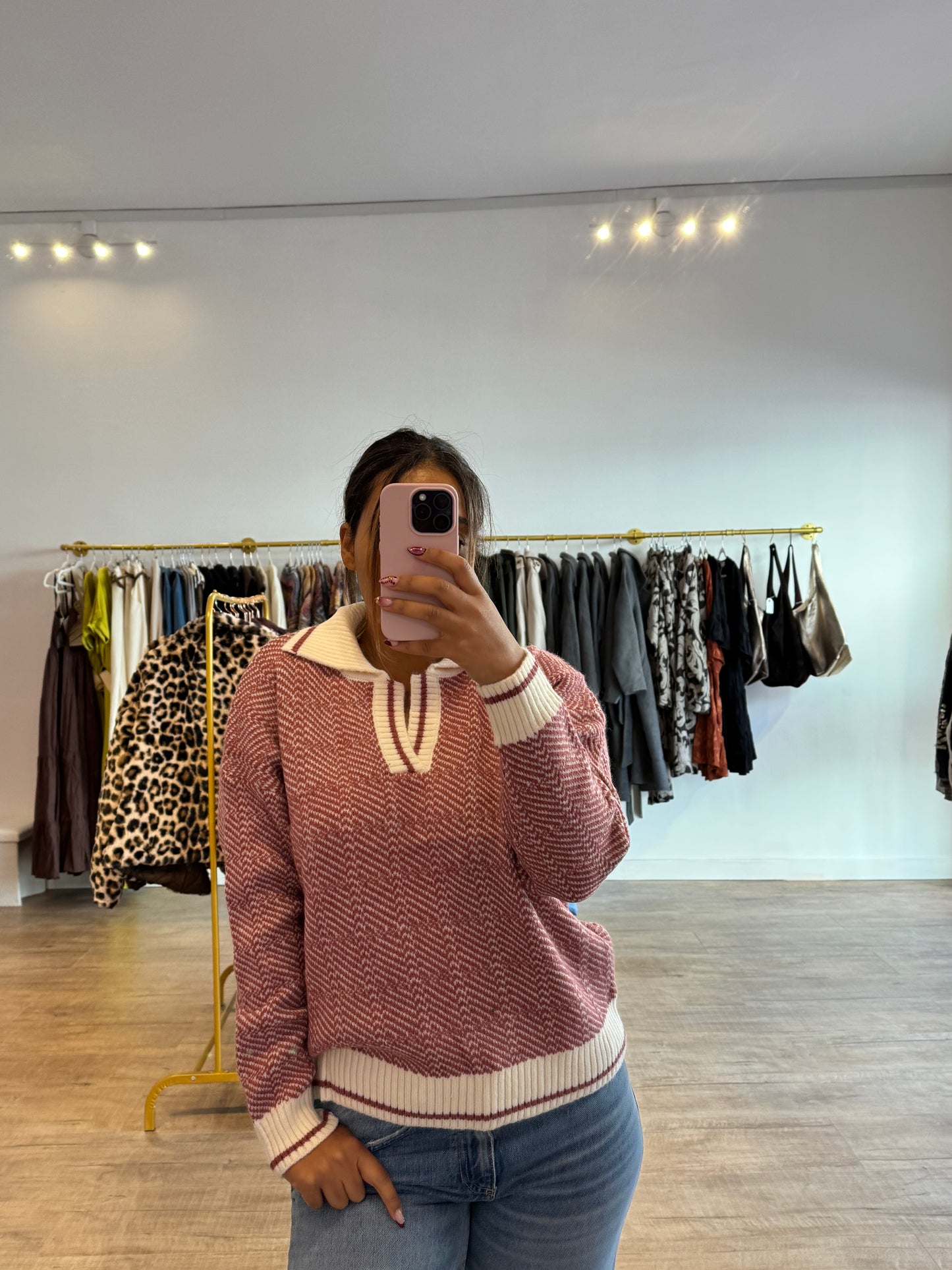 Pull Col Polo Texturé – Bordeaux et Beige