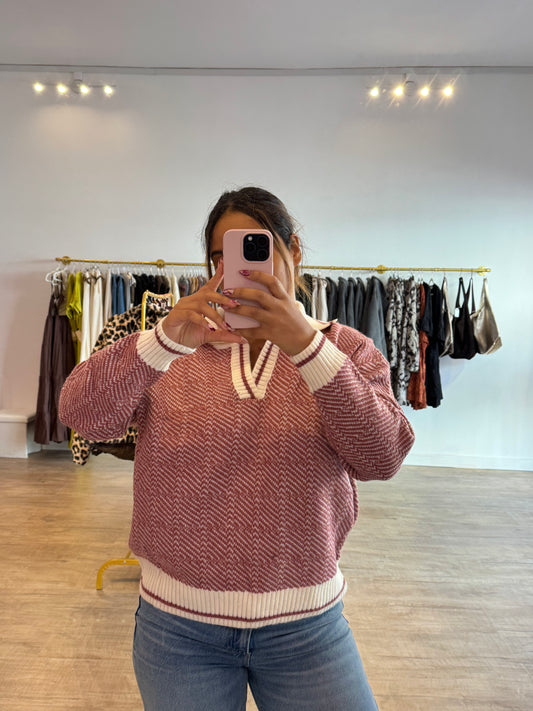 Pull Col Polo Texturé – Bordeaux et Beige