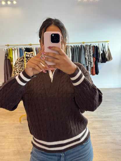 Pull Marron Tressé avec Col Chemise Intégré