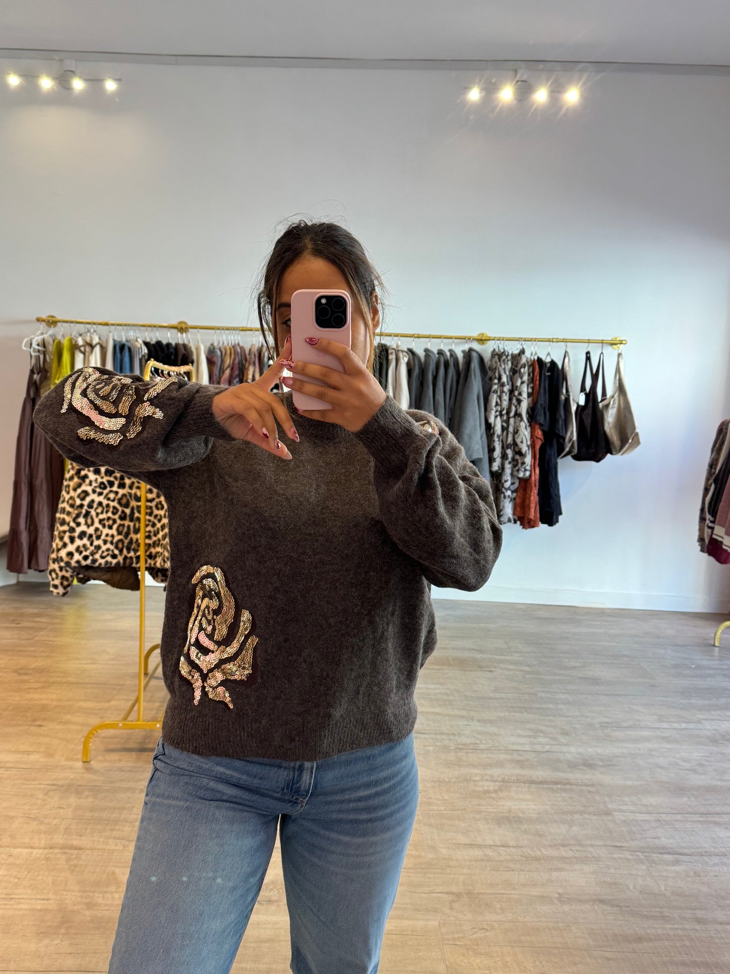 Pull Marron à Détails Pailletés Dorés