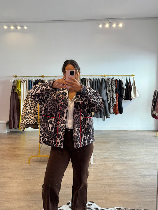 Veste Imprimé Léopard avec Détail Couture Rouge