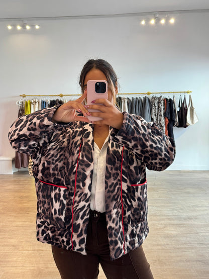 Veste Imprimé Léopard avec Détail Couture Rouge