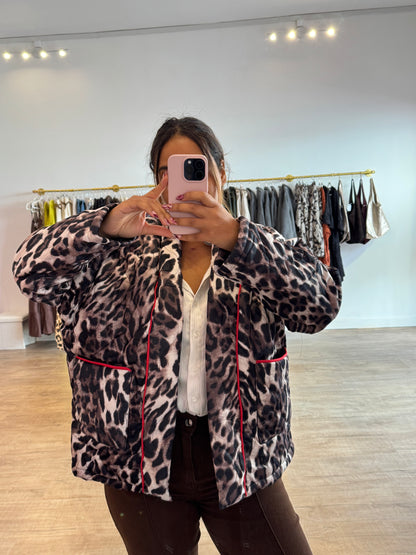 Veste Imprimé Léopard avec Détail Couture Rouge