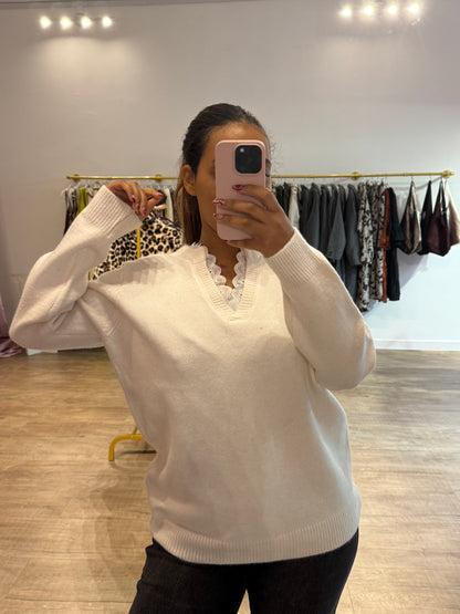 Pull blanc à col en dentelle