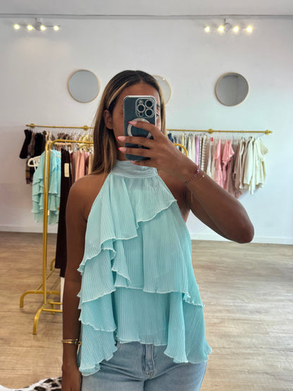 Top volant turquoise dos nu