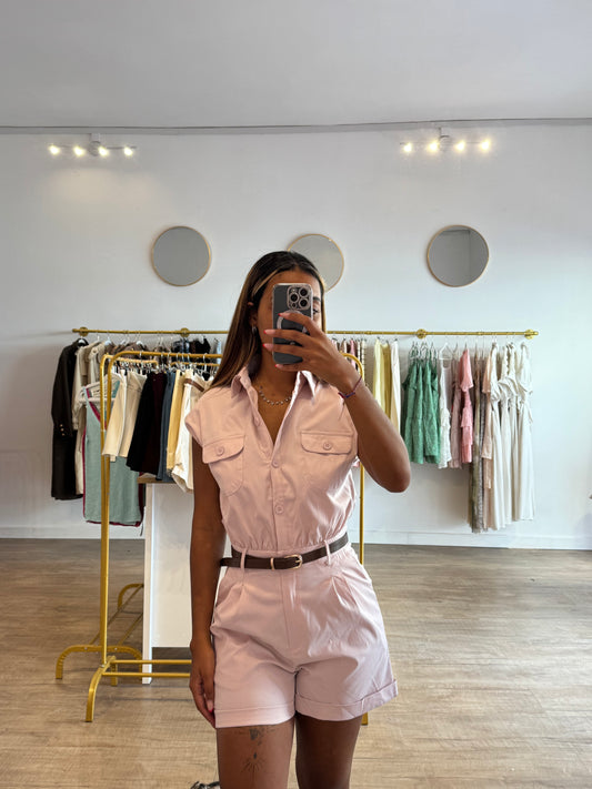 Combishort rose poudré avec ceinture marron