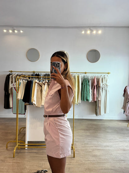 Combishort rose poudré avec ceinture marron
