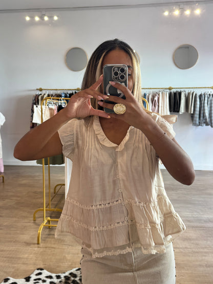Blouse Beige Satinée à Détails Dentelle Floral