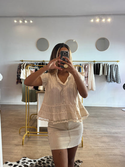 Blouse Beige Satinée à Détails Dentelle Floral