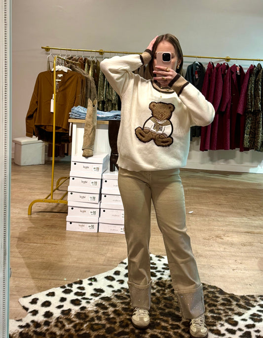 Jean beige à ourlet strassé