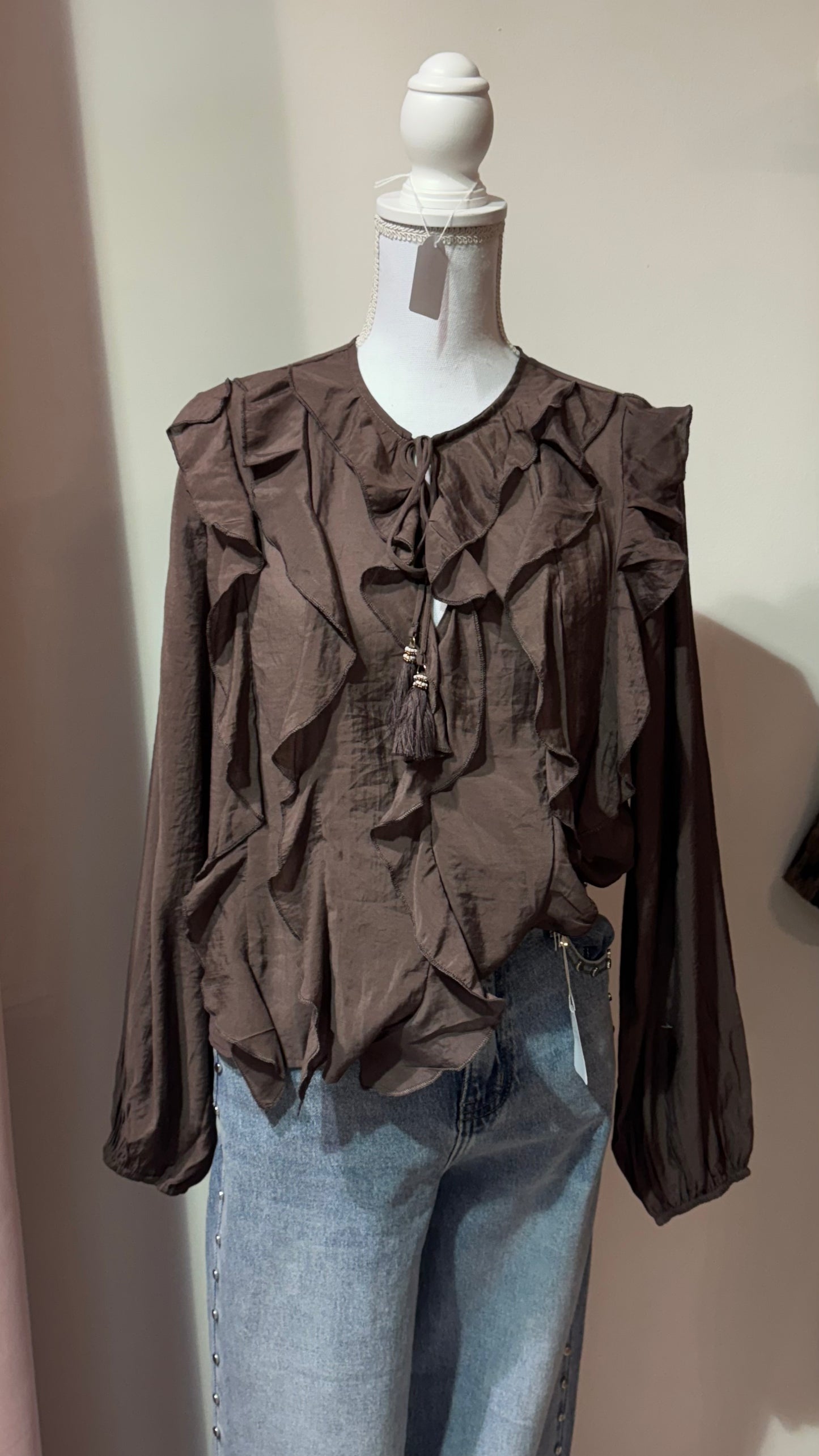 Chemisier bohème marron à cordons tressés