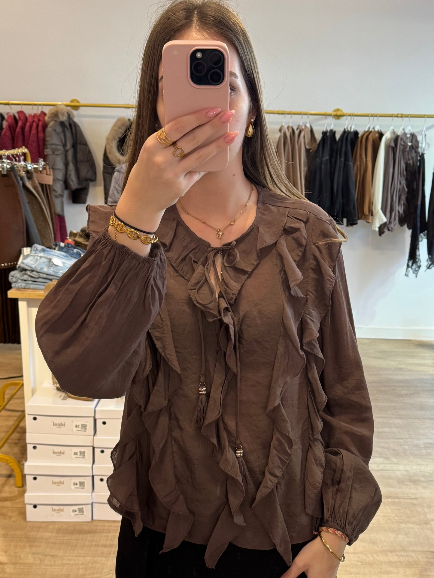 Chemisier bohème marron à cordons tressés