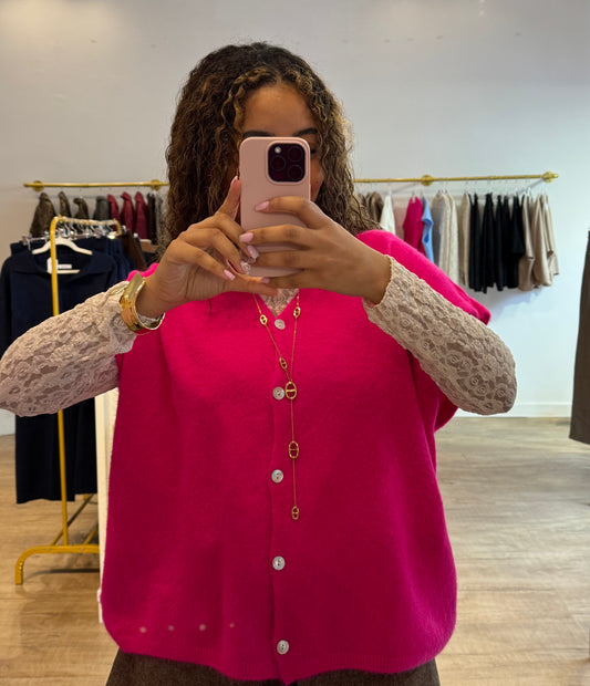 Pull en dentelle écru + gilet manches rose fluo