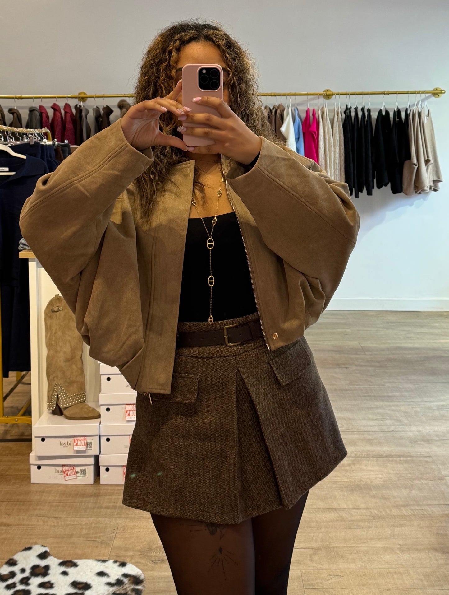 Veste Bomber Effet Daim beige et doré