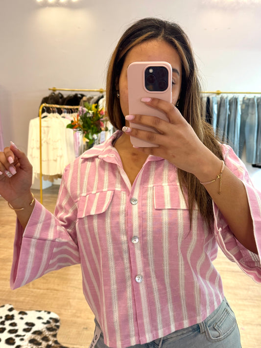 Chemisier Rose à Rayures Blanches, Boutons Nacrés & Effet Poche