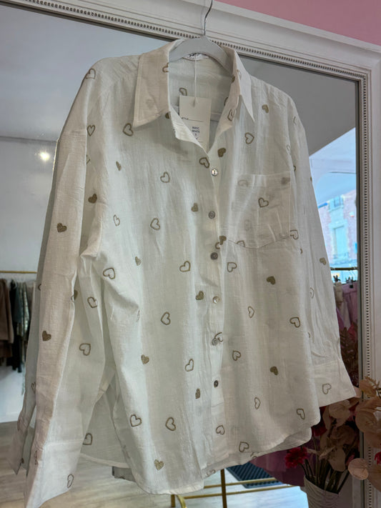 Chemisier blanc effet lin à cœur doré